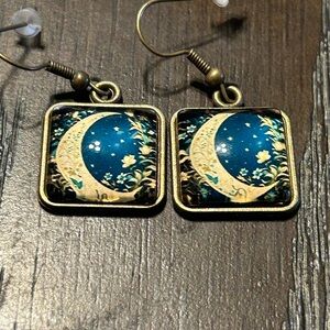 Handcrafted Teal Crescent Moon Square Dangle Earrings